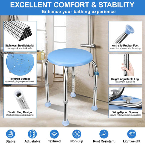 Sturdy Heavy Duty Stainless Steel Shower Stool 350 Lb Capacity With Round Tub Seat And Grab Bar Non Slip Feet Handicap Bathroom Chair Adjustable Height Bath Bench For Seniors Disabled And Injured Blue in bathroom setting showcasing anti-slip rubber feet and height adjustment features.