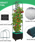 Raised Garden Bed With Self Watering Planter Box And Trellis For Climbing Plants Indoor Outdoor Yard Greenhouse Use Ideal For Tomatoes Cucumbers Roses Tomato Cage Veggies, featuring durable PPC material and steel pipe construction with lockable casters and corner tower design.