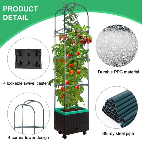 Raised Garden Bed With Self Watering Planter Box And Trellis For Climbing Plants Indoor Outdoor Yard Greenhouse Use Ideal For Tomatoes Cucumbers Roses Tomato Cage Veggies, featuring durable PPC material and steel pipe construction with lockable casters and corner tower design.