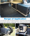 Heavy Duty Locking Drawer Slides With Full Extension Runners Side Mount Ball Bearing Rails Track Glides 250 Lbs 12 To 40 Inch Options 1 Pair Durable Steel For Smooth Quiet Operation And Reliable Drawer Support is shown installed in a vehicle cargo area with a heavy duty cooler on top, illustrating its use for secure storage in an industrial or RV setting.