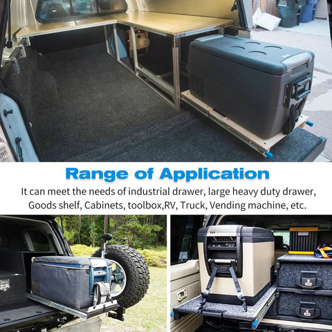 Boss Grade Locking Heavy Duty Drawer Slides Built Tough For Zero Hassle Setup Supporting Two Hundred Fifty Pound Load With Full Extension Glide visible in truck setup.