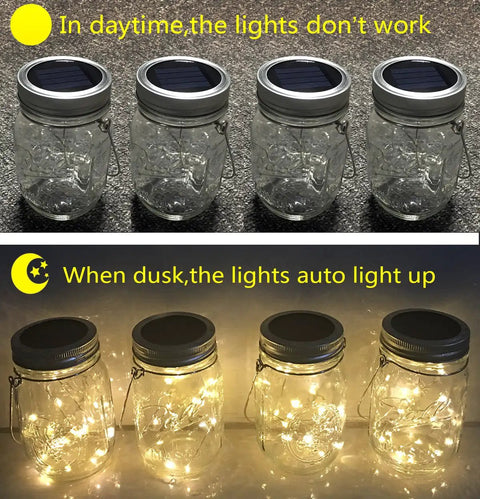 Day and night view of Dope Solar Mason Jar Lights 4 Pack With 30 LEDs Waterproof Fairy String Lights In Glass Jars