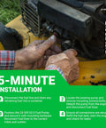 Person installing fuel pump on Kohler engine, step-by-step guide visible, outdoors.