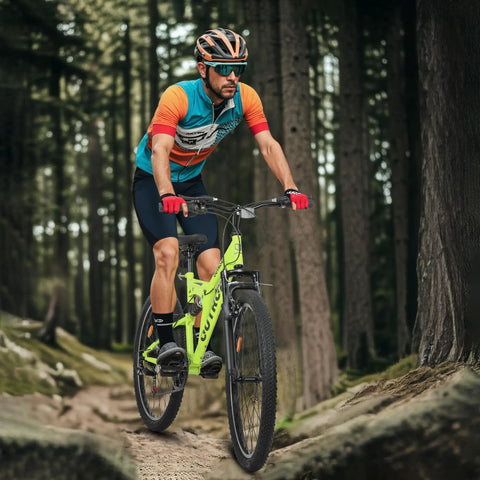 Cyclist on 26 Inch Mountain Bike For Men And Women Of All Ages With 7 Speed Drivetrain, Aviation Grade High Carbon Steel Frame, trail ride