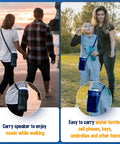 Couple on beach with lightweight water bottle holder with adjustable strap; child with blue carrier in park for outdoor adventures.