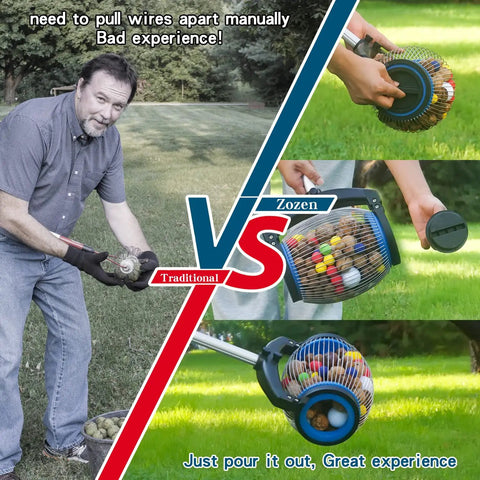 Comparison of Nut Gatherer Picker Upper with Side Opening Dump and traditional method, highlighting ease of use on grass