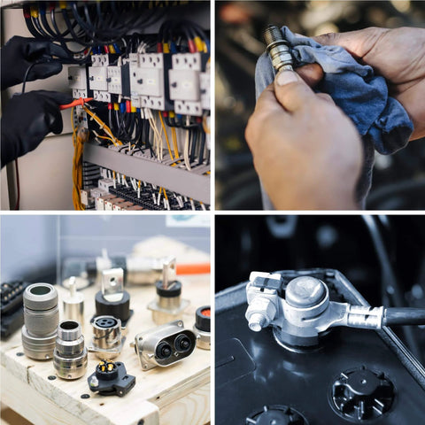 Image of electrical components and connectors with lubricant application, illustrating use of Waterproof Dielectric Silicone Grease For Electrical Connectors Switches And Sensors 2 Oz Tube High Temp Safe Multipurpose Electric Grease That Seals And Keeps Things Running Smooth Protects Against Moisture And Corrosion.