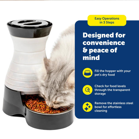 Hassle Free Double Pack Small Gravity Pet Food Station With Stainless Steel Bowl For Cats And Dogs Space Saving Self Dispenser with dry kibble.