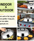 Heavy Duty Stainless Steel Cheese Melt Dome Set Of Two on a flat top grill with vegetables and eggs, enhancing heat circulation.