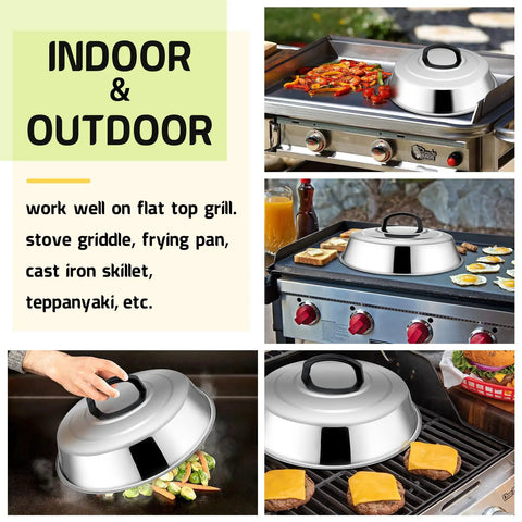 Heavy Duty Stainless Steel Cheese Melt Dome Set Of Two on a flat top grill with vegetables and eggs, enhancing heat circulation.