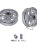 Heavy duty cast iron V-groove casters with roller bearings, 6-inch diameter, ideal for carts and equipment, silver finish.