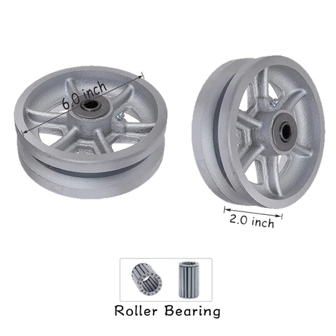 Heavy duty cast iron V-groove casters with roller bearings, 6-inch diameter, ideal for carts and equipment, silver finish.