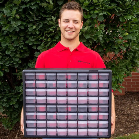 64 Drawer Plastic Storage Cabinet For Garage Organization And Small Parts Bead Storage Brick Organizer Teacher Toolbox And Makeup Organizer Heavy Duty 20W X 6D X 16H Durable Plastic USA Made
