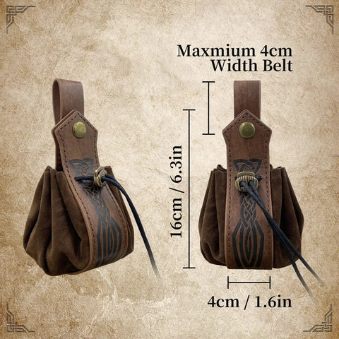 Close-up of pouch from Six Piece Renaissance Belt Set With Pouch Sword Frog Horn Holster Skirt Clip And Medieval Accessories
