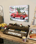 Vintage Red Pickup Truck Christmas Canvas Wall Art 12X16 Inch Rustic Farmhouse Decor With Christmas Tree Scene in cozy room