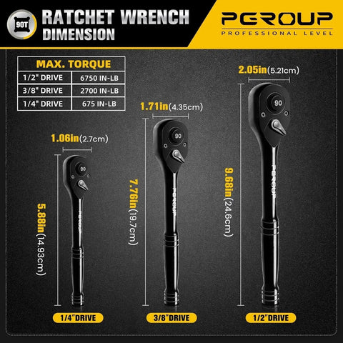Workhorse Three Piece Ratchet Wrench Set With 1 4 Inch 3 8 Inch And 1 2 Inch Drives Reversible Quick Release Ratchets 90 Tooth Gear 4 Degree Swing Ergonomic Chrome Alloy Handles For Smooth Action In Home DIY And Auto Repair, 1/4, 3/8, 1/2 drive sizes
