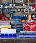 Six Piece Screw Organizers With Lids Plastic Stackable Hardware Bins for Garage and Workshop gear alongside tool cart