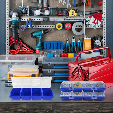 Six Piece Screw Organizers With Lids Plastic Stackable Hardware Bins for Garage and Workshop gear alongside tool cart