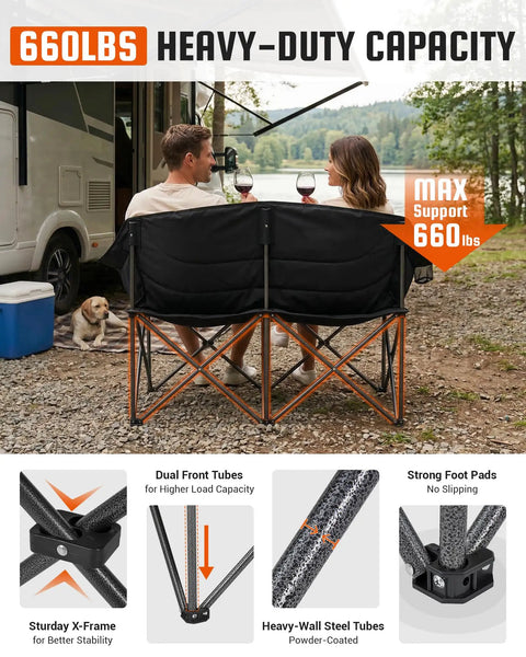 Couple on Two Person Camping Chair Oversized and Comfortable Heavy Duty 660 Lb Capacity Portable Folding Two Seat Couch with Cup Holders