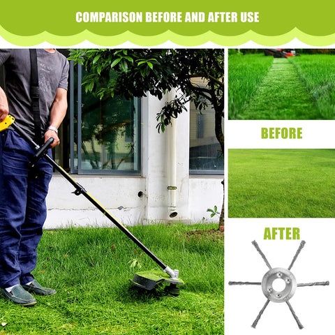 Comparison image showing before and after using the 7 Inch Gas Trimmer Head Universal Steel Wire Weed Eater Brush Cutter Head in lawn care