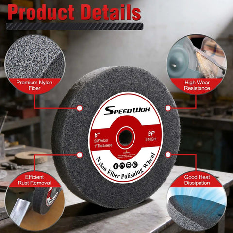 Top Shelf Nylon Fiber Polishing Wheel 6 Inch 240 Grit Deburring Pad with 5/8 inch arbor for steel and aluminum work.