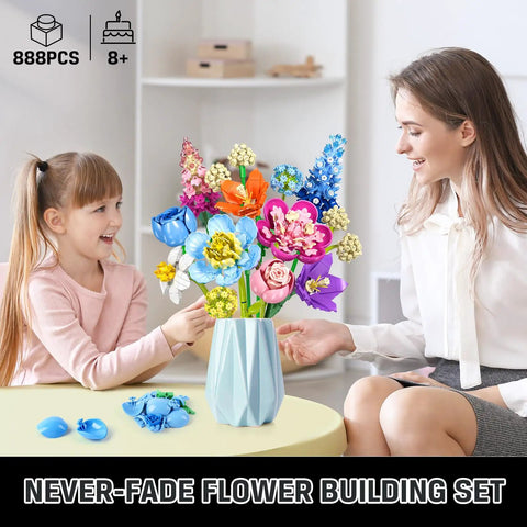 Flower Bouquet Building Kit For Adults And Kids 8 Plus, 13 Colorful Stems From 8 Varieties Like Peony, Rose, Hydrangea, Snowball, Narcissus, Snapdragon, And Consolida, A Dope DIY Home Decor Gift For Creative Crafters. 888 pcs ABS brick bouquet in vase