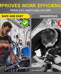 Side-by-side comparison of mechanic using 15 Inch Wrench Extender Bar For Maximum Leverage and another bending over engine without tool