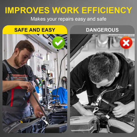 Side-by-side comparison of mechanic using 15 Inch Wrench Extender Bar For Maximum Leverage and another bending over engine without tool