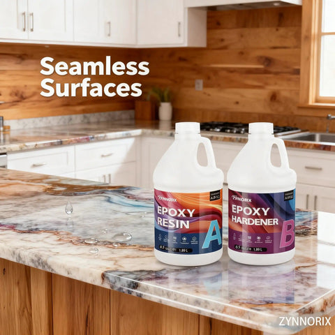 Crystal Clear Epoxy Resin Kit 1 Gallon Self Leveling UV Resistant Rapid Cure For DIY Projects River Tables Woodworking Art Molds Casting Jewelry And Crafts For Beginners And Pros bottles on countertop