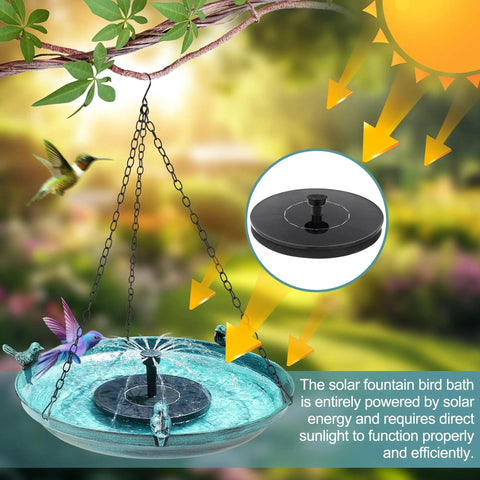 Hanging Bird Bath With Solar Fountain For Outdoors 14.9 Inch Metal Bird Bath Sun Powered Water Feature With 4 Nozzles And 3 Removable Decorative Birds Easy Hang For Patio Garden Porch Yard Gift in garden setting
