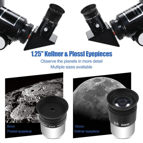 Complete Telescope Eyepiece Set For Beginners With 6mm Plossl And 15mm Kellner Eyepieces shown with Moon surface images