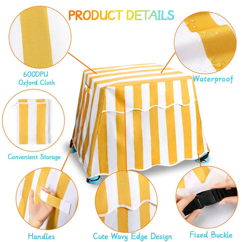 Yellow striped kids water table cover for Step2 with UV resistant, waterproof 600D Oxford cloth, visible buckles and handles.