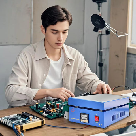 Person using Powerful 850W Soldering Hot Plate with 110V LED Microcomputer Controller on a circuit board, precise work station.