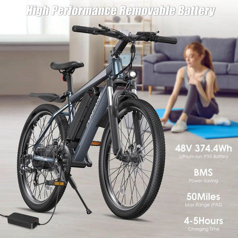Beast Mode 1000W Peak Electric Mountain Bike For Adults With 20 MPH Top Speed and 50 Mile Range 26 Inch Wheel displayed indoors