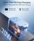 GaN 70W Travel Adapter With 3 USB C PD And 2 USB A QC Ports 6in1, clear view of internal components, fast charging capabilities