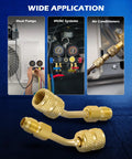 Four Pack Angled R410A Adapters For Mini Split HVAC Service Five Sixteenth Inch Female To One Quarter Inch Male Flare Fittings Pro Grade Easy Connect For Diagnostics And Maintenance, bronze angled connectors
