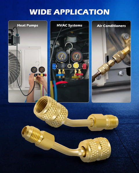 Four Pack Angled R410A Adapters For Mini Split HVAC Service Five Sixteenth Inch Female To One Quarter Inch Male Flare Fittings Pro Grade Easy Connect For Diagnostics And Maintenance, bronze angled connectors