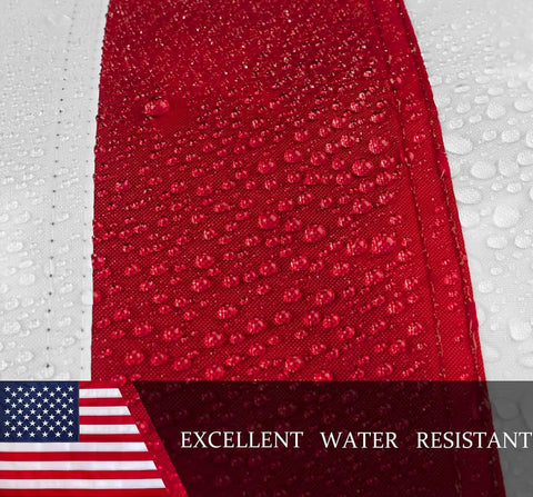Close-up of water droplets on an American Flag 3x5ft Heavy Duty Outdoor Nylon Flag With Embroidered Stars And Brass Grommets Double Stitched For Durability Sturdy Canvas Heading Built To Last In All Weather Perfect For Home Yard Porch Or Garden Patriot Display.