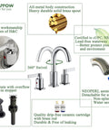 Two Handle Widespread Bathroom Faucet With Pop Up Drain No Fuss High Arc 8 Inch Vanity Lavatory Brass Spout 360 Degree Swivel Drip Free