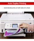 G3290 All In One Wireless Supertank Printer With High Yield Ink Print Copy Scan Mobile Printing Two Point Seven Inch Color Touchscreen Auto Two Sided Printing Two Years Ink Included And Big Savings On Ink Costs showing auto duplex printing feature.