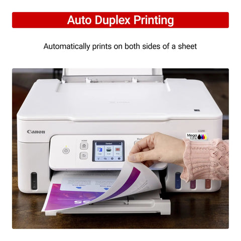 G3290 All In One Wireless Supertank Printer With High Yield Ink Print Copy Scan Mobile Printing Two Point Seven Inch Color Touchscreen Auto Two Sided Printing Two Years Ink Included And Big Savings On Ink Costs showing auto duplex printing feature.