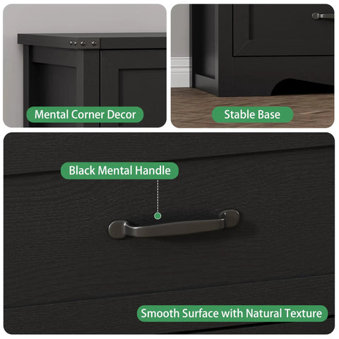 Details of Slap Some Order On Your Room With This 63 Inch Wide Nine Drawer Bedroom Dresser Boasting Deep Storage Heavy Duty Handles Sleek Black Finish Modern TV Stand For Killer Organization with black metal handles and stable base.
