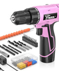 Sweet Pink 12V Cordless Drill Plug And Go Kit With Quick Charge Battery, lightweight design, includes various drill bits and charger.