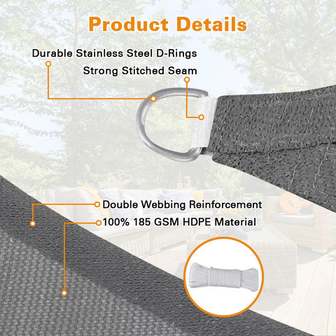 Close-up of Sun Shade Sail 20 By 20 By 28 Point 3 Triangle Dark Grey With Curved Edges Commercial Grade 185GSM HDPE Outdoor Shade Cloth, showing D-rings and material details.
