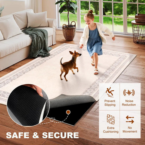 Child and dog running on rug with Half Inch Thick Non Slip Rug Pad For 9 By 12 Ft Rugs Under Rug Mat With Cushioned Grip Carpet Protector