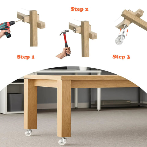 Installation steps for Bulletproof Two Inch Swivel Caster Wheels With No Sweat Mounting Sockets on furniture.