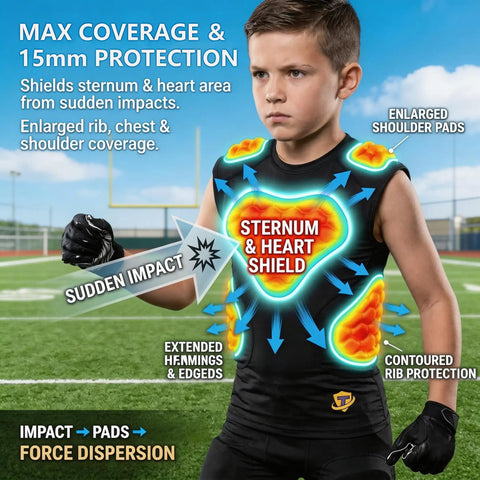Youth Padded Compression Shirt With Chest Guard For Football Basketball Lacrosse, highlighting protection areas.
