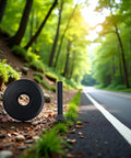 Black Front Fork Stem Top Cap And Screw for One And One Eighth Inch Road Bike Stems in natural setting on roadside