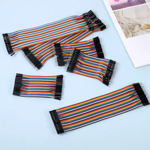 Dope Multicolor Breadboard Jumper Wire Kit 240Pcs with 10Cm and 20Cm cables, arranged, featuring 10 distinct colors for prototyping.