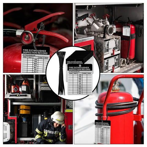 Metal Fire Extinguisher Inspection Tags 2026 2029 Aluminum Weatherproof 2.3 By 3 Inch 25 Sets With Black Wire Ties displayed on fire extinguishers.